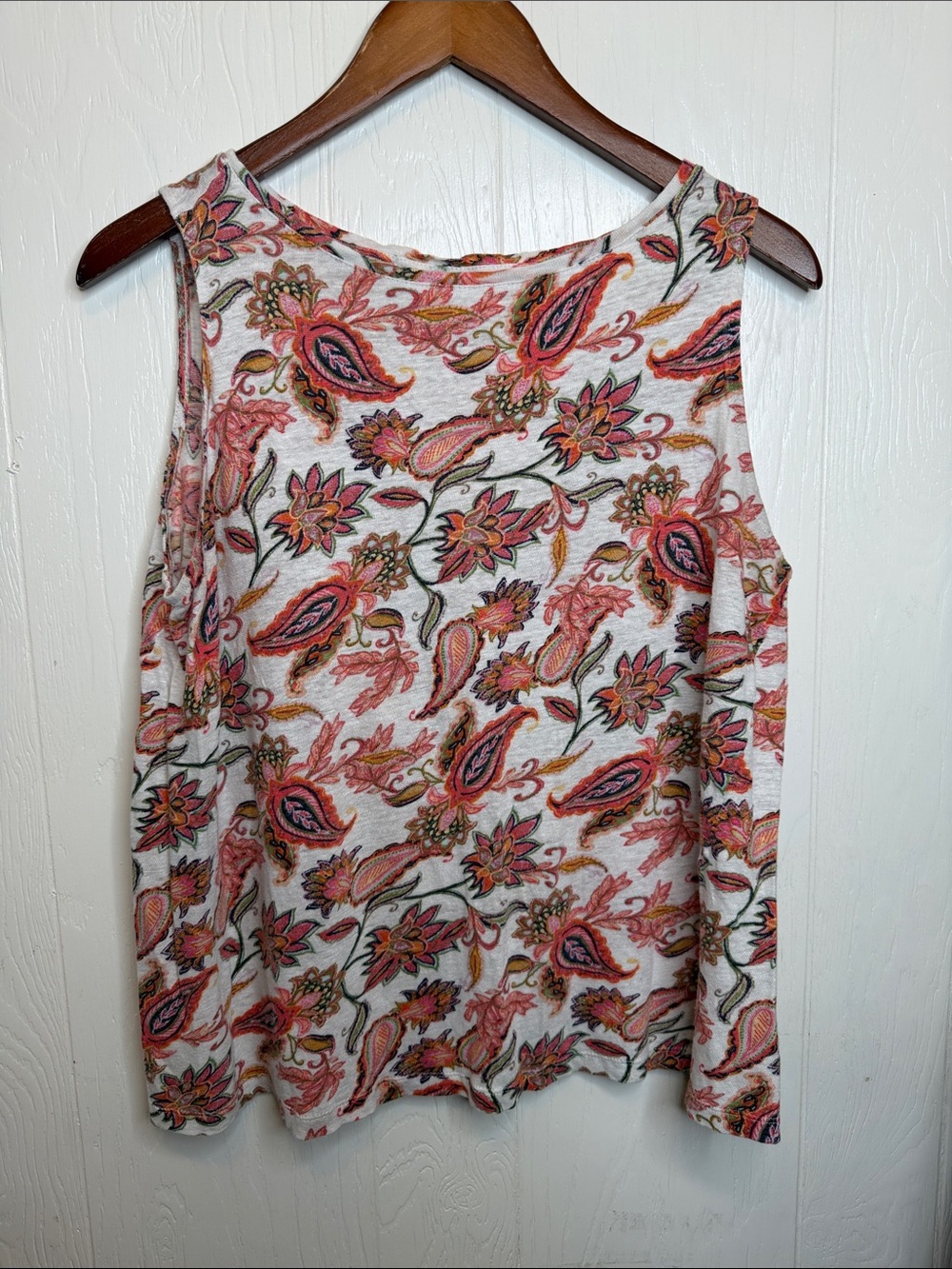 J. Jill 100% Linen Tank Top with Pink & Orange Paisley Print L